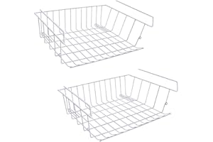 m zimoon Under Shelf Storage Basket, Under Cabinet Hanging Metal Wire Storage Wire Basket Organizer Fit Dual Hooks for Kitchen Pantry Desk Bookshelf Cupboard (2 Pcs, White)