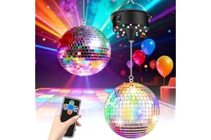 PIASHOW Boule a facette boule disco avec moteur amélioré, rotatif facettes réglable 5/8/10/15 tr/min, boule stroboscopique de 15,2 cm avec 4 lumières colorées et 18 perles LED pour effets de lumière disco