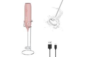 HAUSHOF Powerful Rechargeable Milk Frother with Stand, Handheld Electric Coffee Whisk for Rich Foam, Coffee Mixer with Stainless Steel Whisk for Latte, Cappuccino, Matcha, Pink