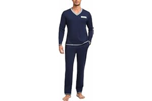 Nieery Pyjama Homme Hiver Chaud Coton vêtements de Nuit pour Hommes Ensembles de Pyjama d'hiver à Manches Longues col en V Coupe Droite Pyjama Long