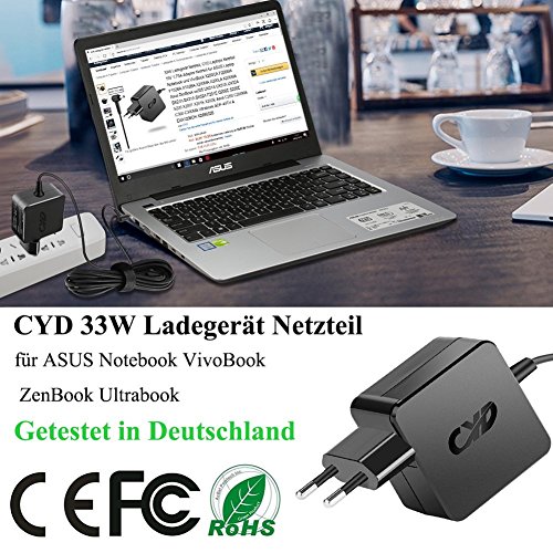 CYD 33W 19V 1.75A PowerFast Notebook Netzteil für Asus-Zenbook-Prime UX21A UX301 UX301LA UX302 UX302LA UX303 UX303LA UX303LN UX31A UX31LA UX32A UX32VD UX42VS UX52VS U38DT U38N; Transformer T300LA TP300 TP300L TP300LA TP300LD TX201 TX201LA; Zenbook UX303L UX303LB UX303UA UX303UB UX305CA UX305F UX305FA UX305LA UX305UA UX330UA; Zenbook Flip UX360CA; X540L X540LA Q504UA F556U F556UA D553M,8.2 FT(2.5m) Laptop Netzteil Adapter Kabel - 2