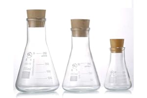 Yizerel Glass Erlenmeyer Flask Set, (250 ml, 150 ml & 50 ml) Graduated Borosilicate Glass Erlenmeyer Flasks with Rubber Stoppers & Accurate Scales for Lab, Experiment, Chemistry, Science Studies etc.