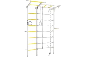 JEFLEX - weiß/gelbe Seil-Klettergerüst für Kinder/Kinder Sprossenwand mit robustem Seil, Klettergriffe & eine Stange/fördert Fitness & Koordination/Simple Installation/inkl. Kletterwand-Zubehör