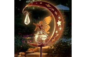 BomKra Solar Garden Ornaments Outdoor Fairy Solar Light Moon Star Crackle Glass Ball Stake Metal Lights Decorative Waterproof Warm White LED for Garden Pathway Lawn Patio Grave (A)