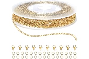 YUUSIKCO 1 Volume 10m Collier Chaine, Chaine Acier Inoxydable doré,Kit de Chaînes de Collier, Chaîne en Acier Inoxydable avec 20 Fermoirs Homards et 50 Anneaux de Saut pour la Fabrication de Bijoux