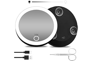 Suupvaor Reise Vergrößerungsspiegel mit Licht 10X, Beleuchteter Vergrößerungsspiegel mit 3 Saugnäpfen und Schere, 4inch Wiederaufladbarer Abblendbarer Makeup Spiegel mit 10X Vergrößerung