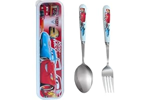 TMXKDSJ Cars Lightning McQueen Set de Couverts en Inox Enfant, 1 x Fourchette, 1 x Cuillère et 1 x Boite Couverts pour Enfant Bébé Maison l'école Utilisation, Ensemble de Couverts Transportables