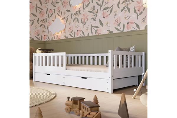 Crazy Pine Barnsäng med lådor 90x200 cm – Montessori-säng i vitlackerad finish med fallskydd, extra förvaringsutrymme och avt