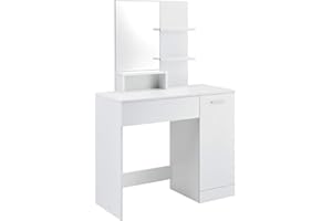 [EN.CASA] Tavolo da Trucco con Specchio e Scomparti Diversi 137,5 x 90 x 38 cm Tavolo da Toeletta con Ripiani e Armadietto Tavolo Cosmetico - Bianco