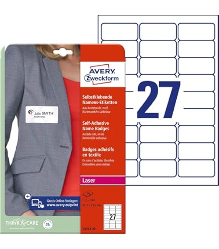 Avery - 150 naambordjes bedrukbaar voor textiel, van wit polyester, formaat 80 x 50 mm, inkjetprint, (J4785-15