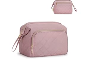 Wandering Nature Large Makeup Bag Cosmetic Organizer for Travel, Quilted Wash Bag for Women, Wide-Open Water-Resistant Toiletry Bag, Pink (Patent Pending)