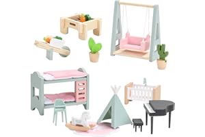 GIANT BEAN Puppenhaus Möbel Set, Holz und Kunststoff Terrassen und Babyzimmer Set, 20 Teiliges Puppenhaus Zubehör Pretend Play Möbel Spielzeug für Jungen, Mädchen und Kleinkinder Wooden