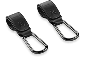 hauck Lot (2 Pièces) Crochet Poussette, Attache Sac a Langer Poussette - Style Cuir, Clips Mousqueton, Compatibilité Universelle, Multifonction - Black