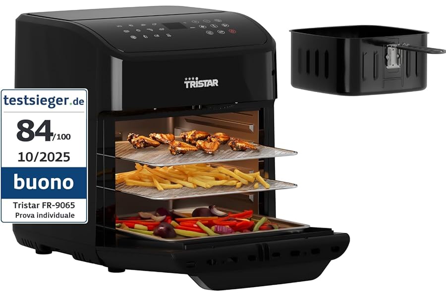 Tristar Mini forno e friggitrice ad aria calda, friggitrice ad aria 2 in 1, senza BPA, 12 L, 12 programmi, finestra di visualizzazione, 1800 W, FR-9065