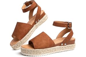 Hitmars Sandalias Mujer Plataforma Esparto Verano Casual Alpargatas de Cuña Plateau Moda con Correa Tobillo 5 CM Negro Marrón Caqui Leopardo Talla 35-43