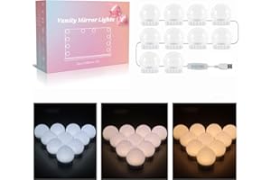 Akynite Vanity Lights Stick On with Adapter, Hollywood Mirror Lights with Adjustable Cable, 3 Colors & 10 Brightness, Dimmable LED Bulbs for Dressing Table (10 Bulbs)