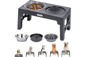 Nobleza Raised Elevated Dog Bowl with Stand 5 Adjustable Heights Pet Food Water Bowl with 800ml Slow Feeder+1100ml Steel Steel+800ml Non Spill Pet Bowls Dog Feeding Station for Small Medium Large Dogs