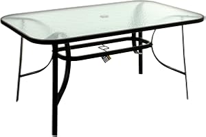Marko Outdoor Rectangular Glass Table Outdoor Dining Patio Garden Furniture Black Metal Frame