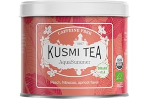 Kusmi Tea - AquaSummer - Miscela di Ibisco Al Sapore di Pesca e Albicocca - Infuso Biologico Senza Teina - Da Gustare Caldo o Freddo - Scatola di Tè da 100g - Quantità per circa 50 tazze