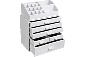 SONGMICS Organizer Trucchi con 6 Cassetti, Grande Organizzatore per Cosmetici in Acrilico, per Tavolozza, Pennello, Fondotinta, Rossetto, Smalto per Unghie, Forcine, Bianco JKA009WT