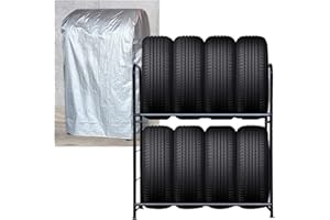 AufuN Regał na opony, stojak na 8 opon, regał magazynowy, regał pracownniczy w dwóch warstwach, czarny z powłoką proszkową antykorozyjną z osłoną, nośność 180 kg, 107×46×117 cm