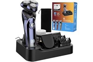 Amurhey Maquinilla de afeitar eléctrica para hombre, 5 en 1, afeitadora eléctrica con estación de carga, recortadora de barba con 3 peines, tiempo de funcionamiento de 99 minutos, afeitadora en húmedo