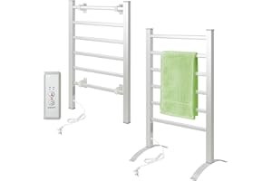 Todeco Scaldasalviette Termoarredo Bagno con Timer, 2in1 da Terra e Parete Asciuga Asciugamani Elettrico, Asciugabiancheria Portasciugamani, Compatto e Versatile, 6 Barres