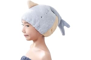 JK Home Kids Microfiber Hair Drying Wrap Towel Cap, Fun Cute Cartoon Shark Super Absorbent Coral Velvet Hair Turban Quick Dry Towels for Wet, Long, Thick Hair