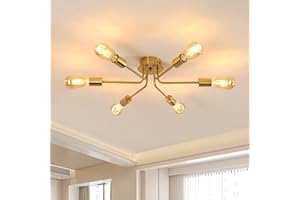 niuniaj Lampara Techo Industrial 6 Luces Lampara de Techo Plafon Sputnik E27 Lámpara de Araña Vintage,Lampara de Techo para Dormitorio,Sala de Estar,Cocina,Comedor, Dorado(Sin Bombilla)