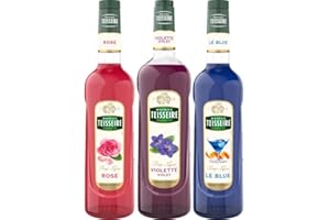 Lot de 3 sirops Mathieu Teisseire - Rose, Violette, Curacao le Blue, pour boissons, rafraîchissements, cocktails, cafés et desserts, bouteilles de 70cl et 1L.
