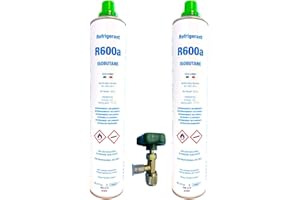 ALL4SALE 2x Envases Gas Refrigerante R600a Isobutano | 840g Neto Total (2x 420g) | Para Neveras y Congeladores Domésticos | Kit de Recarga con Válvula de Servicio | Gas Ecológico HC