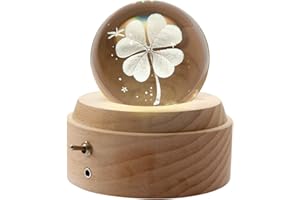 HABOWN Kristallkugel Spieluhr, 360 ° drehbare hölzerne Spieluhr mit Licht, Geburtstagsgeschenk, Projektionsfunktion mit Beleuchtung, Valentinstagsgeschenk (Vierblättriges Kleeblatt)
