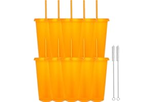 YISITUO Reusable Plastic Cups, 24 Oz, Pack of 10, Cold Cups with Lid and Straw, Travel Cups for Adults and Kids, Party and Beach, Pool Gatherings (10, Orange)