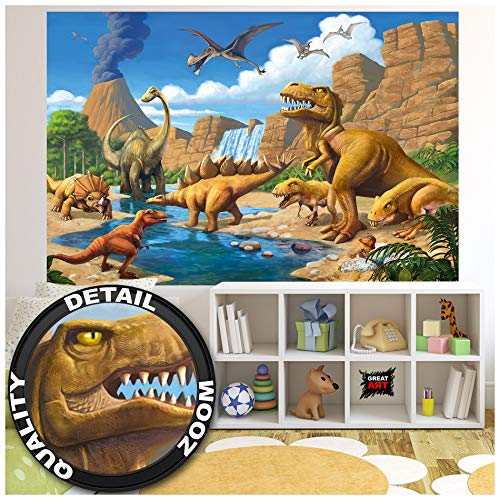 Great Art XXL Poster Kinderzimmer - Abenteuer Dinosaurier - Wandbild Dekoration Dinowelt Comic Style Jungle Adventure Dinosaurus Wasserfall Wandposter Fotoposter Wanddeko (140 x 100 cm)