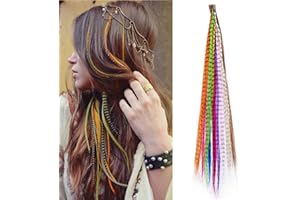 OTO BELLA Synthetic Feather Hair Extensions Kit 16Inch 20Pcs Mixed Colors Colored Straight Hair Feather Hair Extensions Kit (Not Real Feather) with Bonus FREE 50Pcs Silicone Lined Micro Ring and Crochet Hook