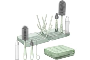 ORAGKE 6 in 1 Flaschenbürste Baby, Babyflaschen Bürste Set, BPA-frei, Mit Flaschenbürste Silikon, Nippelbürste, Strohbürste, Seifenspender und Trockengestell, ideal für Zuhause und Reisen (Grün)