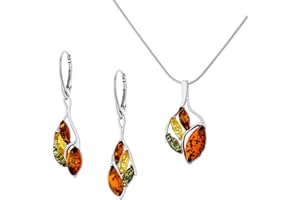 AMBEDORA Small Women's Jewellery Set Sabine, Polished Sterling Silver, Colourful Baltic Amber, Silver Pendant on Chain and Earrings