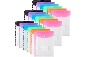 OFFICESWIFT Carteras de plástico A4 con bolsillos perforados, carpetas expandibles de 11 agujeros para bolsa de documentos de 2/3/4 anillos con botón a presión y etiqueta, hojas sueltas transparentes para oficina