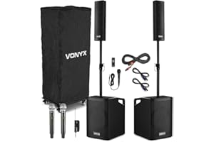 Vonyx VX1050BT Column PA System for Singer, Vocalist & Events – 1150W Active Speaker with Dual Wireless Microphone, Bluetooth, UHF Mic, 2x 12-Inch Subwoofers