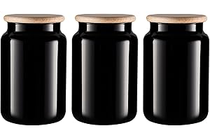 TREND FOR HOME Juego de 3 Tarros de Vidrio Negro 900 ml con Tapa de Madera para Alimentos Contenedores para el Baño Recipientes Herméticos para Productos Higiénicos | A: 15 cm | ⌀ 10 cm | Carissa