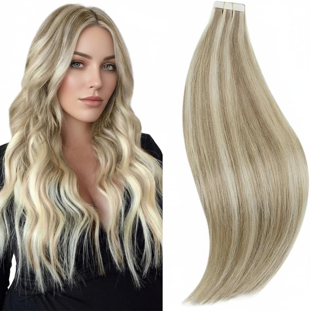 RUNATURE 20Pcs Tape in Hair Extensions Human Hair Blonde Highlight Ash Brown Tape Hair Extensions Real Human Hair Blonde Invisible Remy Straight Tape Hair 12 Inch 30g #8P60