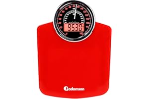 Adamson Báscula Digital y Analógica Híbrida - 2 en 1 - Soporta hasta 180 kg - Vidrio Templado Grueso - Pantalla Extra Grande - Fácil Lectura - Nuevo - Rojo