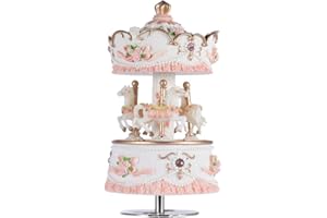 Musfunny Carousel Music Boxes for Girls, 3-Horse Rotating Windup Color Change LED Lights Melody Castle in The Sky Musical Gift for Daughter Birthday Christmas Festival Music Box Artware (Luxury Pink)