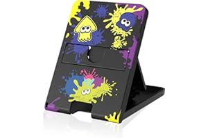 Busjoy Stand for Nintendo Switch, OLED, Lite, iPhone 15, Steam Deck - Cute Game Theme for Splatoon 3, Portable Foldable Angle Holder, Non-Slip Bracket - Black