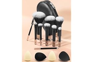 PGRODE Mini Travel Makeup Brushes Set, 14 Pieces, Portable Full Complete Function Cosmetic Kit with Brush Pouch, On the Go Short Makeup Brush Small Travel Essentials for Women, Girls (Black)