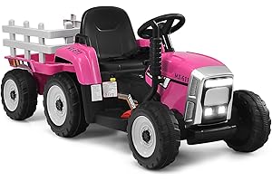 GOPLUS 12 V Children's Electric Tractor with Trailer, 3-Speed Electric Vehicle with Remote Control, Electric Car with LED Light & Music & Bluetooth, 30 kg Load Capacity, from 3 Years (Pink)
