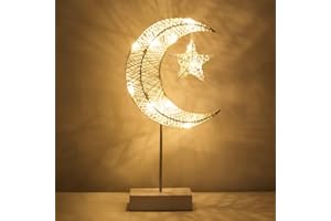Kssiaz Decorative Table Lamp, Battery Powered Christmas Moon Star Ramadan Desk Lamp, Warm LED Crescent Light Xmas Home Bedroom Romantic Bedside Desktop Nightstand Decoration, White
