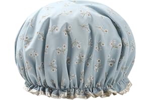 SEHFUPOYE Shower Caps Women Double layer Shower Cap Waterproof Elastic Bath Cap With Flower Pattern for Women Shower Spa Salon (Blue)