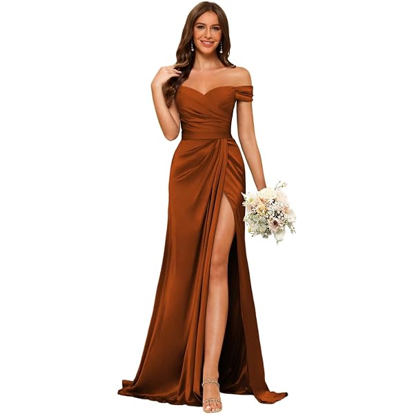 Women's Off The Shoulder Satin Bridesmaid Dresses High Slit Ruched Evening Party Dresses Long Ball Gowns Black