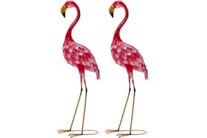 GOPLUS 2 Piezas de Figuras Jardín Exterior 89 cm, Metal Rosa Flamenco de Jardín Decoración al Aire Libre, Escultura de Pájaro para Decorar el Césped, Estanque y Terraza